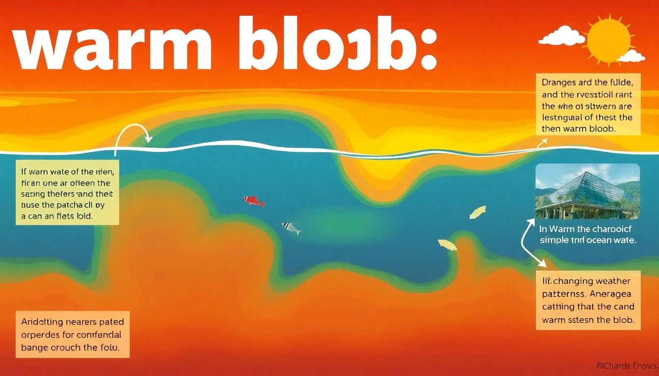 Illustrate the 'warm blob' as a large, warm patch of ocean water, with visuals of affected marine life and changing weather patterns.