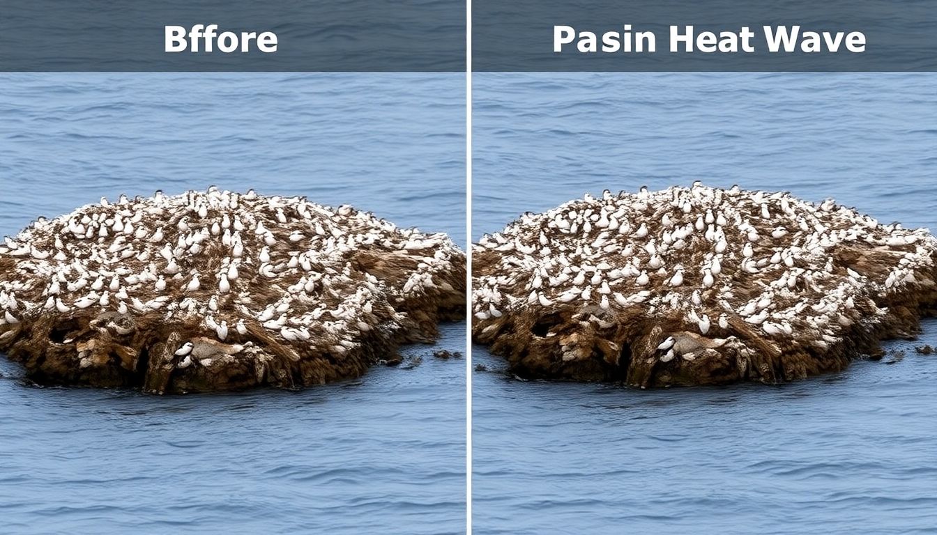 Depict a before-and-after comparison of common murre colonies, showing the stark contrast in population size pre- and post-marine heat wave.