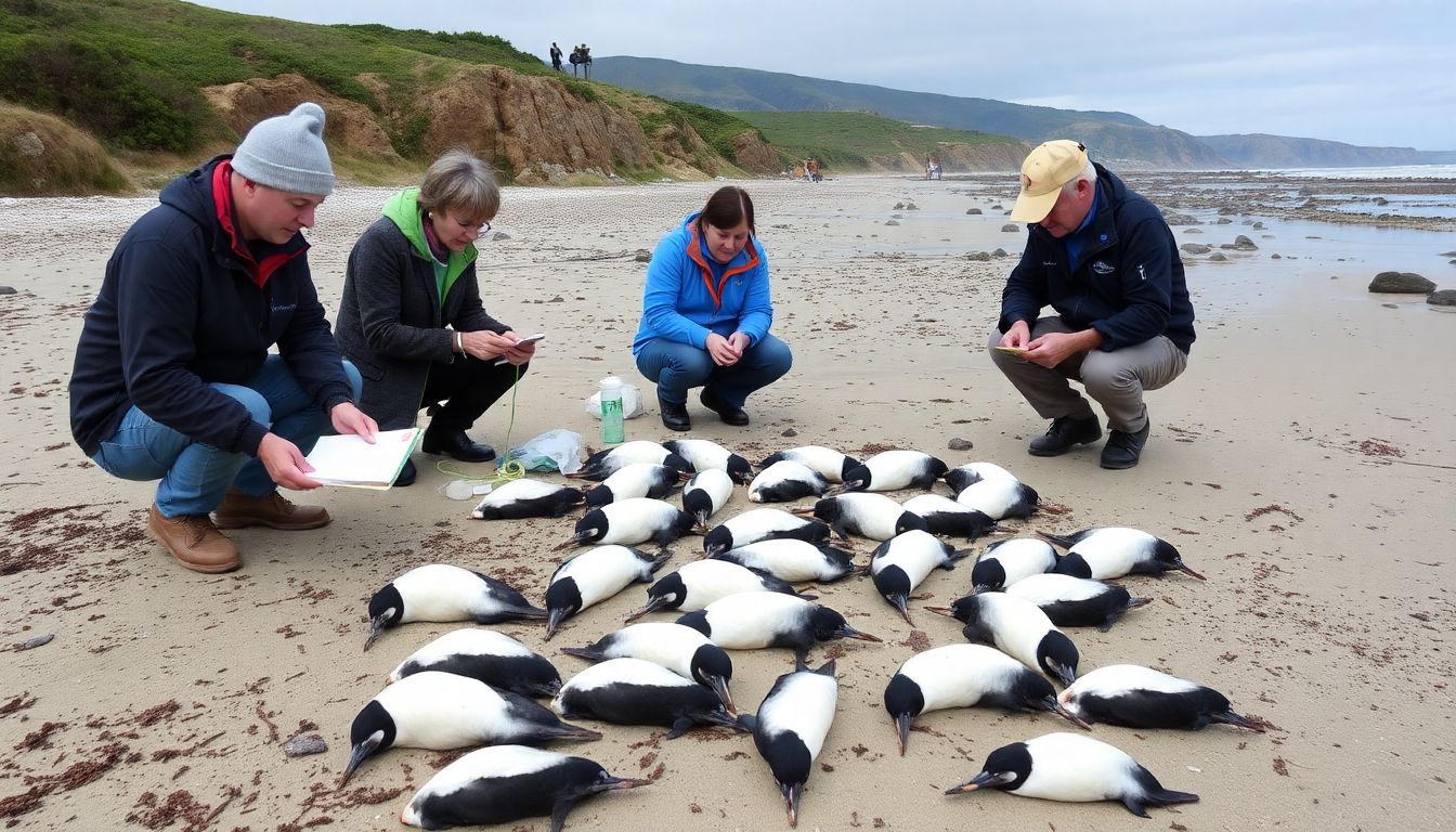 Show a scene of coastal residents and scientists documenting dead murres on a beach, with a backdrop of the affected coastal landscape.