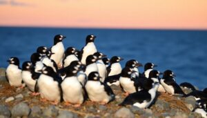 Create an image of a group of common murres on a breeding colony in Alaska, with a backdrop of a vast, warming ocean and a hint of the 'warm blob' phenomenon.