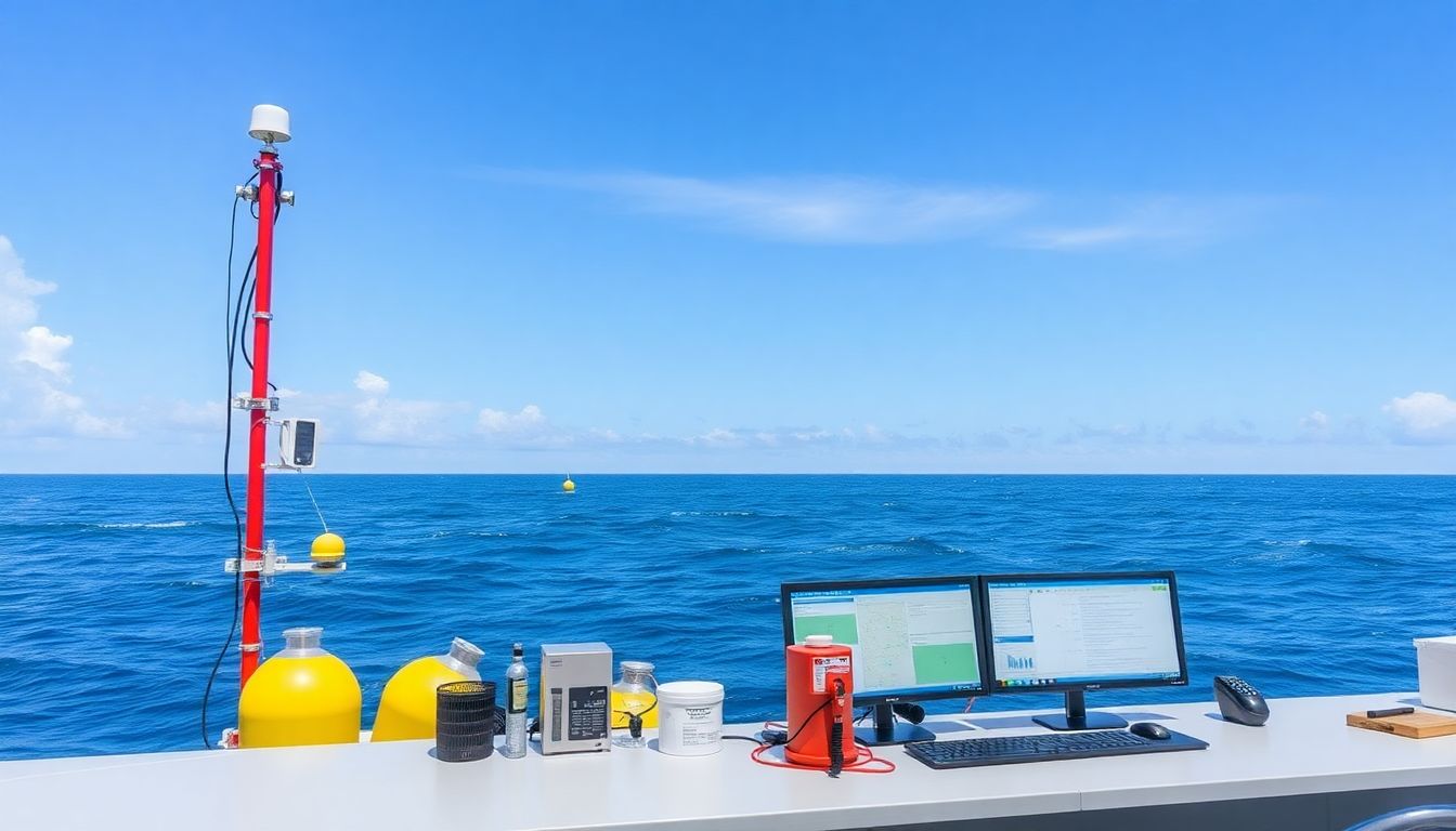 A modern tsunami early warning system with buoys, sensors, and a control center monitoring data.