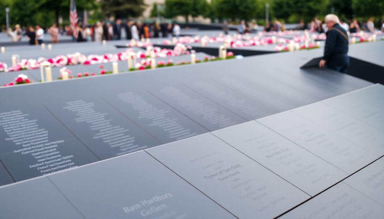 A photograph of a memorial site with names of victims and survivors gathered in remembrance.