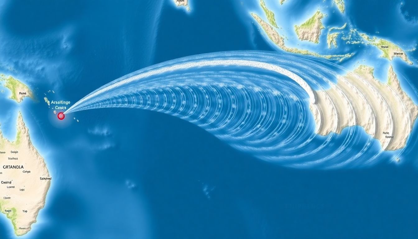 A map showing the epicenter of the earthquake and the spread of the tsunami waves across the Indian Ocean.