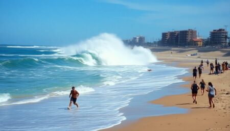 A serene beach scene suddenly disrupted by a massive wave, with people running for safety. In the background, destroyed buildings and debris scattered across the shore.