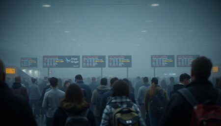 Generate an image of a busy airport terminal filled with passengers waiting anxiously, with visible signs of delay and cancellation notices on the departure boards. The scene should be shrouded in a faint mist to represent the fog outside.