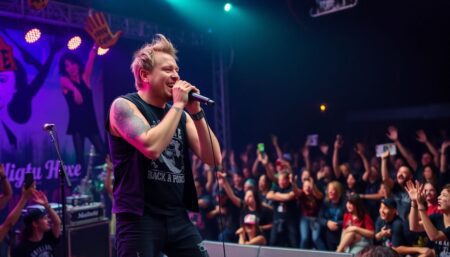 Generate an image of Casey Chaos performing live on stage with Amen, microphone in hand, and a crowd of enthusiastic fans in the background. The stage should be adorned with punk rock paraphernalia, and the atmosphere should be electric, capturing the spirit of Chaos' powerful performances.