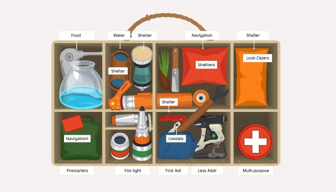 Create an image of a survival kit with labeled compartments for food, water, shelter, navigation tools, firestarters, light, first aid, and multi-purpose tools.