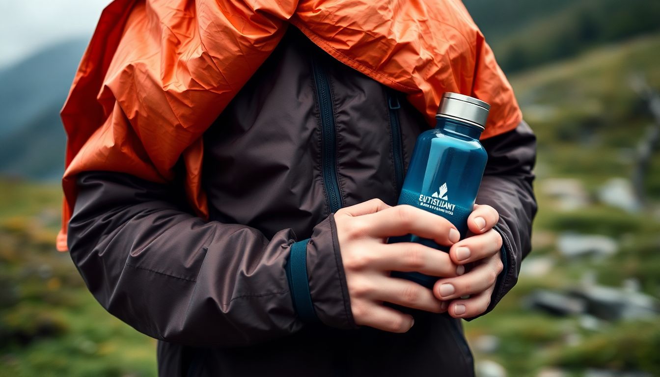 Create an image of a hiker wrapped in an emergency blanket, wearing an ultralight jacket, and holding an insulated water bottle.