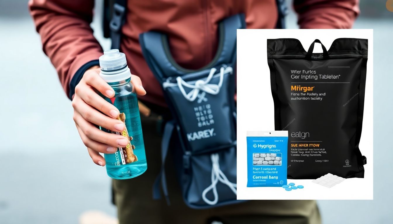 Generate an image of a hiker holding a water bottle and energy bars, with a hydration bladder and water purification tablets in the background.