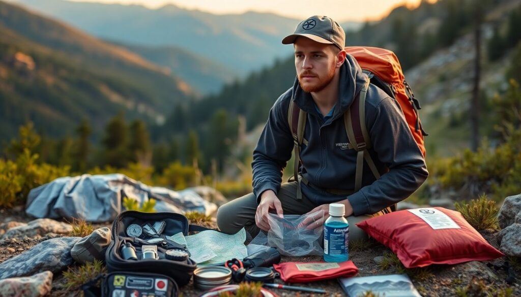 Generate an image of a backpacker in a scenic wilderness setting, with a survival kit laid out nearby, including items like a map, compass, water bottle, and emergency blanket.