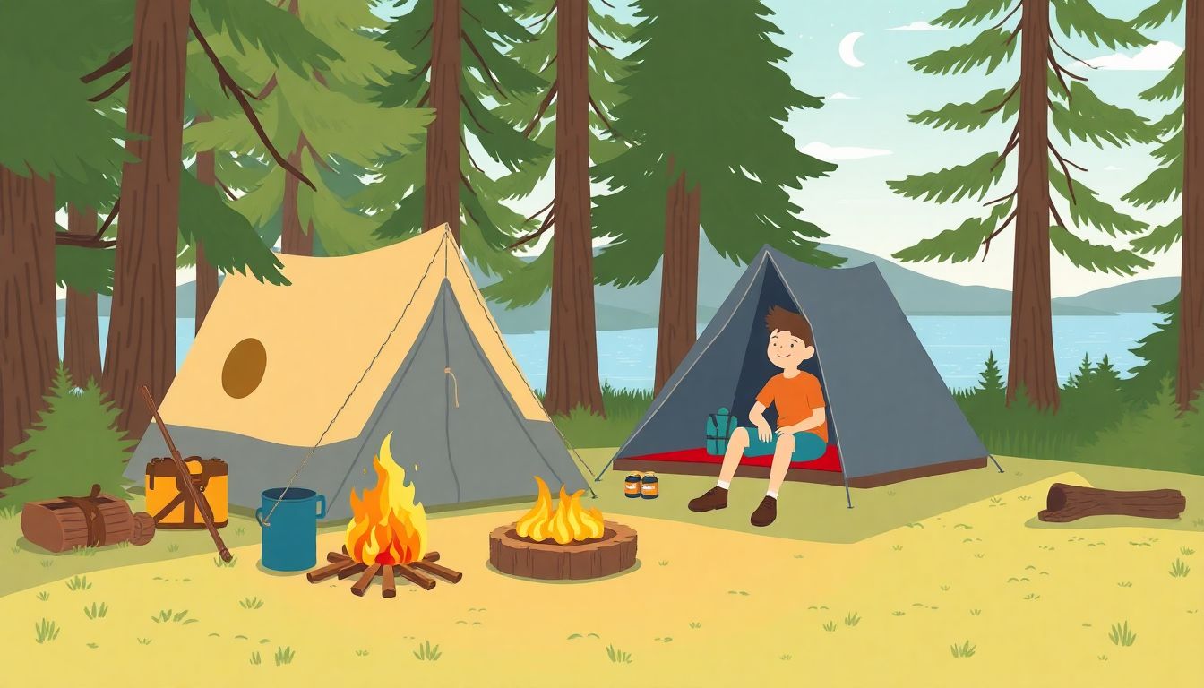 Illustrate a campsite on Capers Island, showcasing essential camping gear and happy campers enjoying the outdoors.