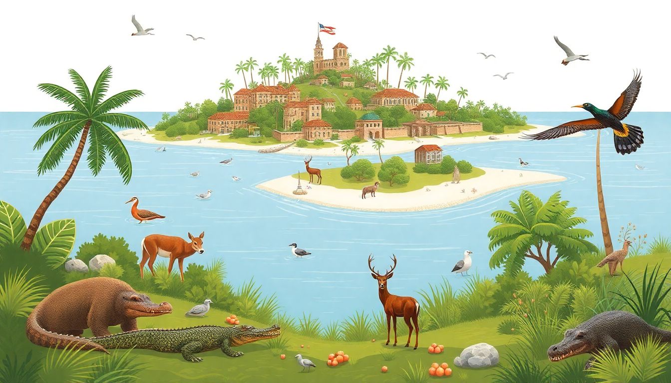 Create an illustration of the island's historical landmarks and native wildlife, such as alligators, deer, and various bird species.