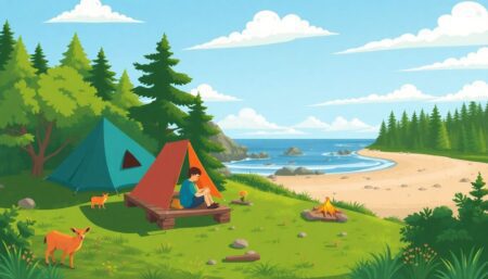 Create an illustration of a family camping on Capers Island, surrounded by lush greenery, wildlife, and a serene beach.