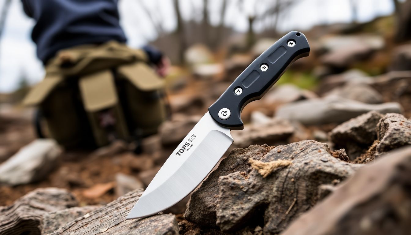 Generate an image of the TOPS Knives Wilderness Guide ‘23 in a rugged outdoor setting, showcasing its durability and versatility.