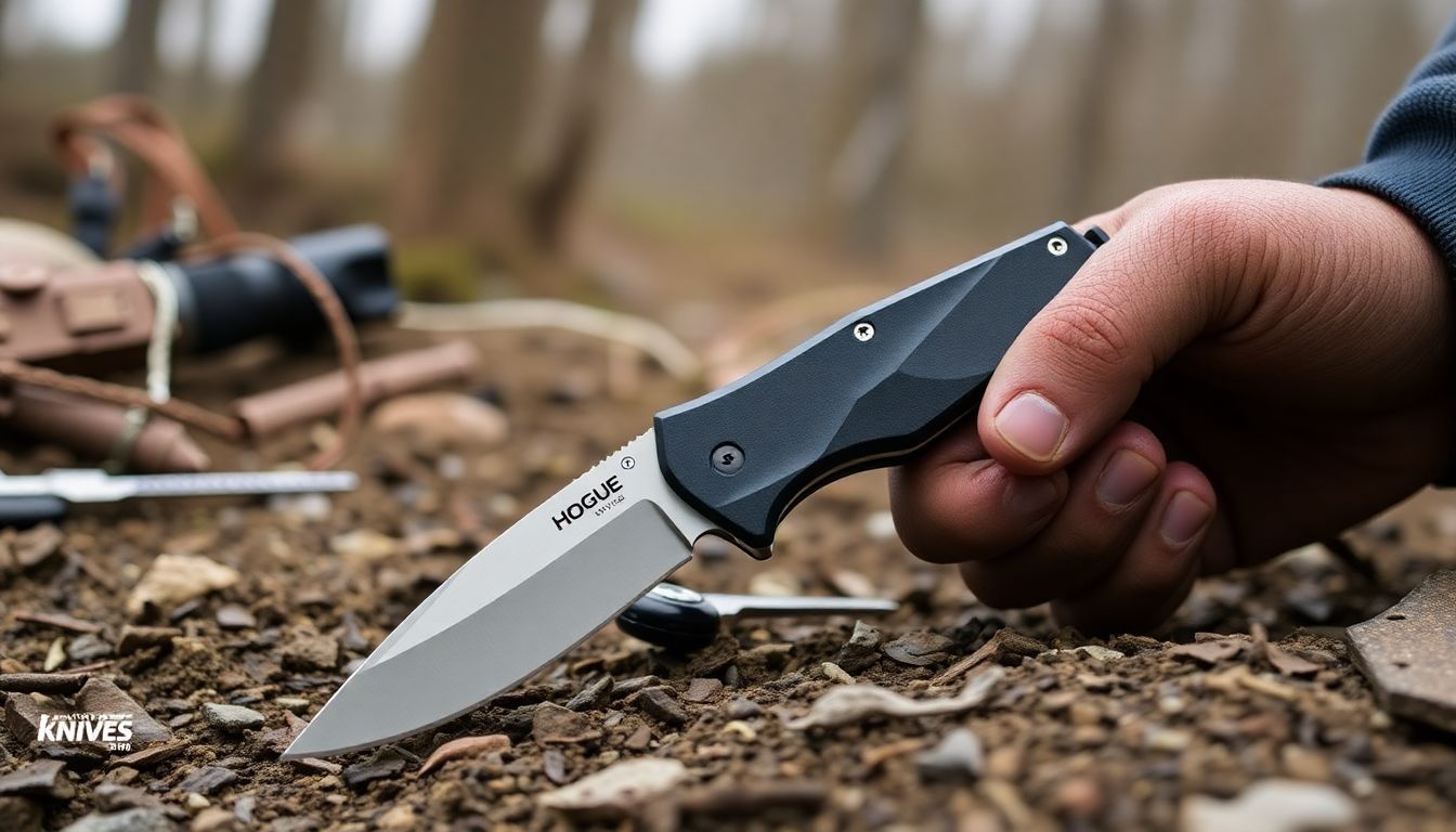 Generate an image of the Hogue Knives Ritter MK1-G2 in a survival situation, showcasing its compact design and reliability.