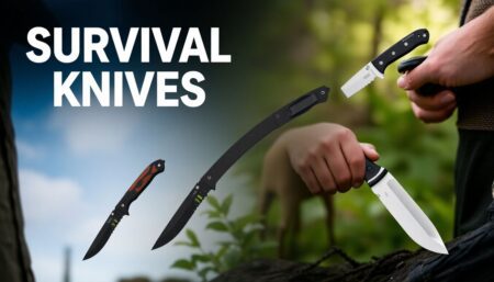 Create an engaging and informative image that showcases a variety of survival knives in different outdoor settings, highlighting their versatility and durability.