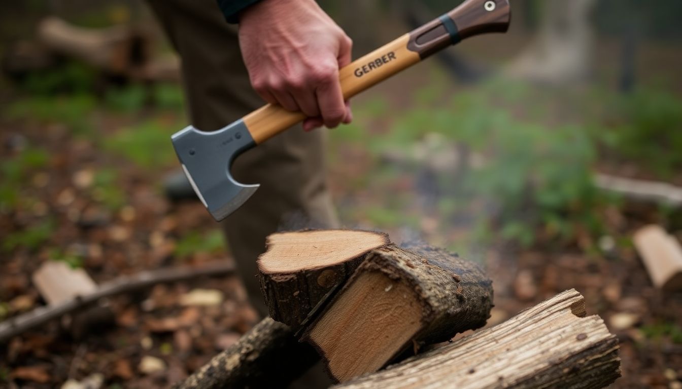 Generate an image of the Gerber Bushcraft Hatchet being used to chop firewood in a wilderness survival scenario.