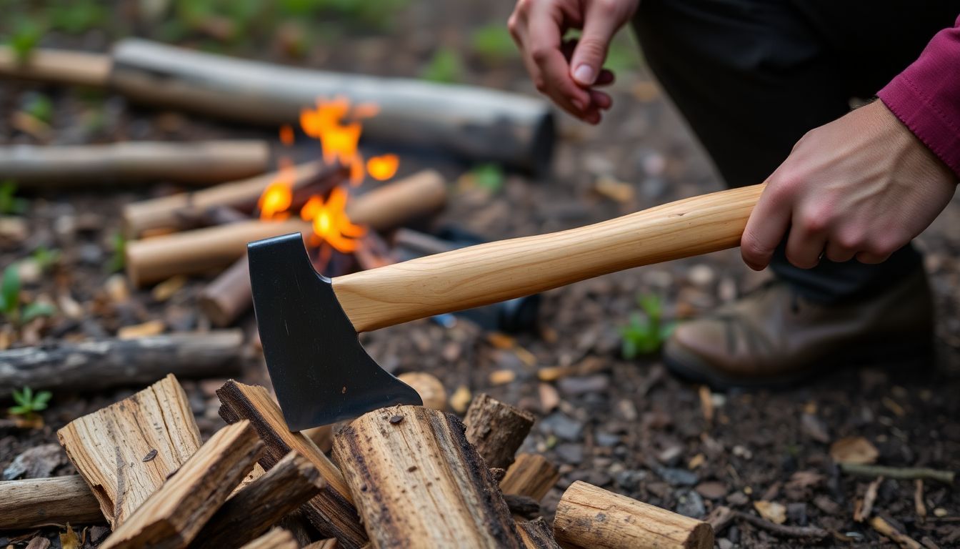 Generate an image of the Silky Ono Hatchet being used to precisely cut kindling in a camping setting.