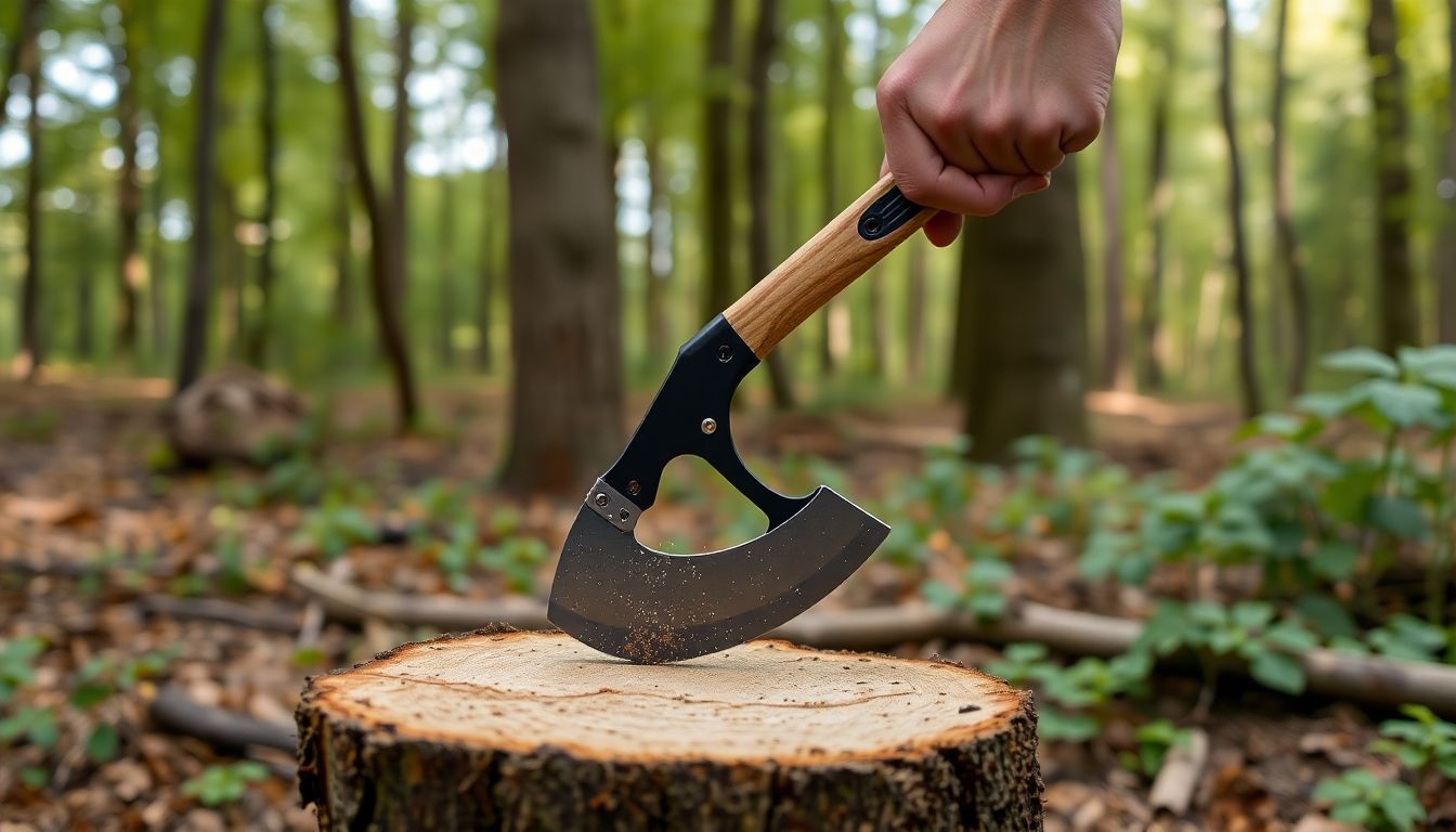 Generate an image of the CRKT Chogan Hatchet in use, chopping wood in a forest setting.