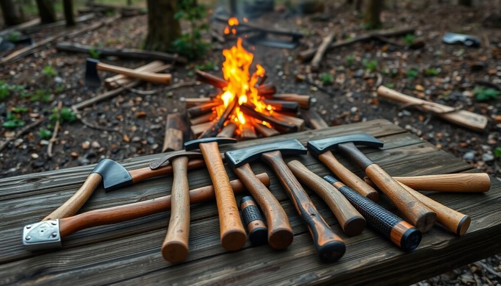 Generate an image of a variety of hatchets laid out on a wooden table with a campfire in the background, surrounded by nature.