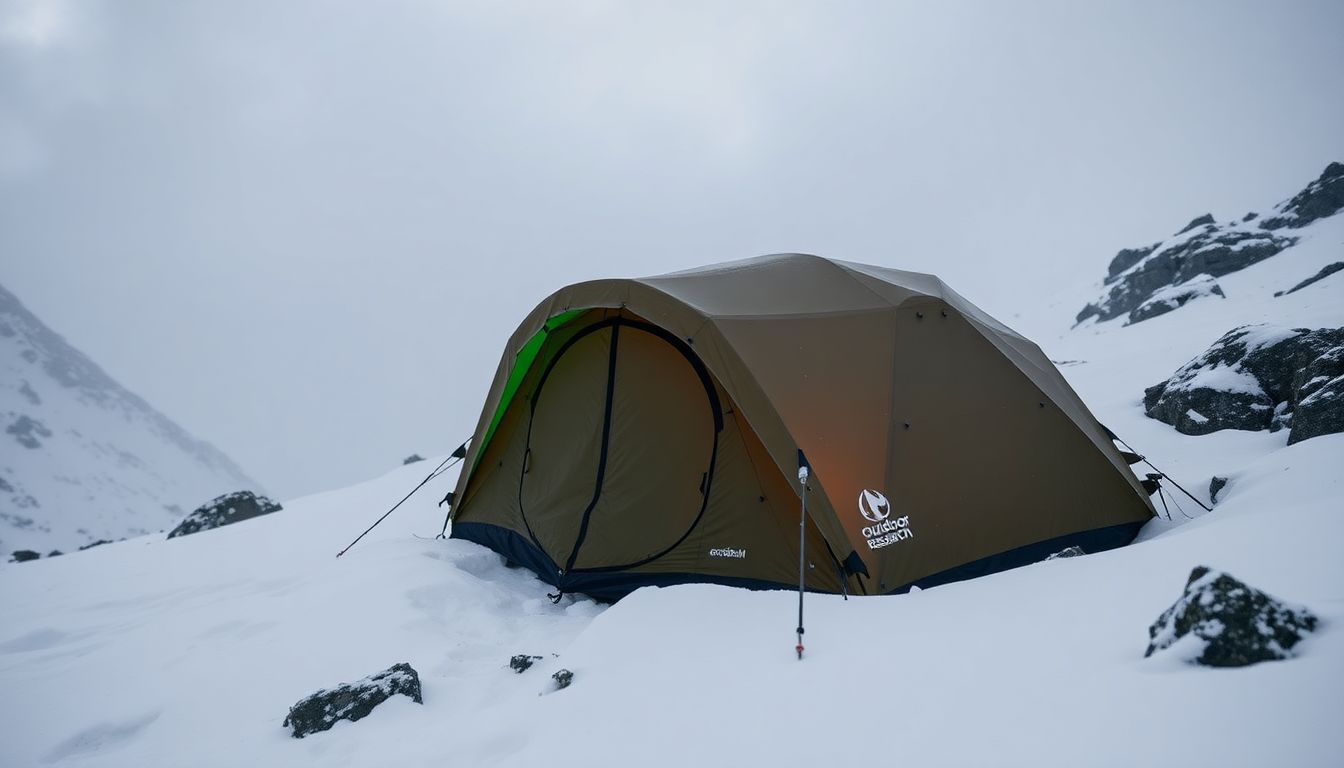 Create an image of the Outdoor Research Alpine AscentShell Bivy in a snowy alpine environment, highlighting its weather-resistant features.