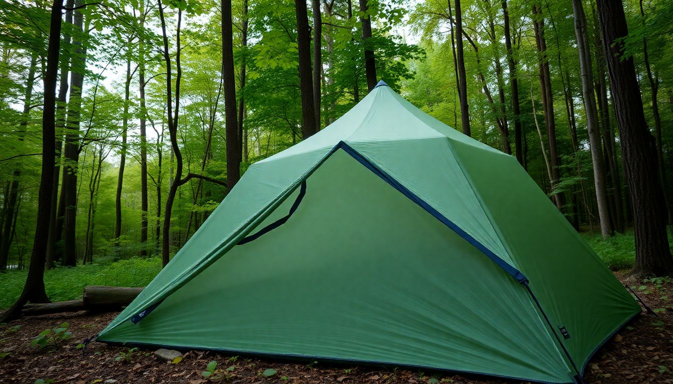 Create an image of the Outdoor Research Helium Bivy set up in a lush forest, with a focus on its features like the bug screen and ventilation.