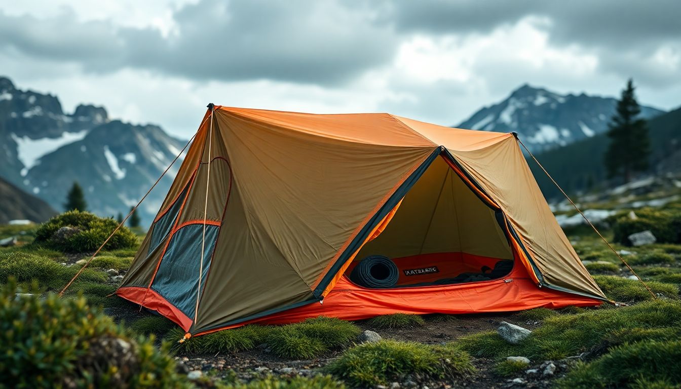 Generate an image of the Katabatic Gear Piñon Bivy in a montane ecosystem, with a tarp and paracord set up to show its breathability and roominess.