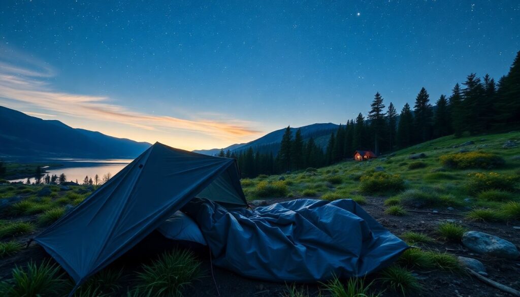 Generate an image of a scenic outdoor camping scene with a bivy sack set up under the stars, surrounded by beautiful nature.