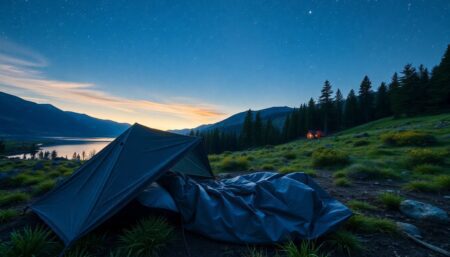 Generate an image of a scenic outdoor camping scene with a bivy sack set up under the stars, surrounded by beautiful nature.