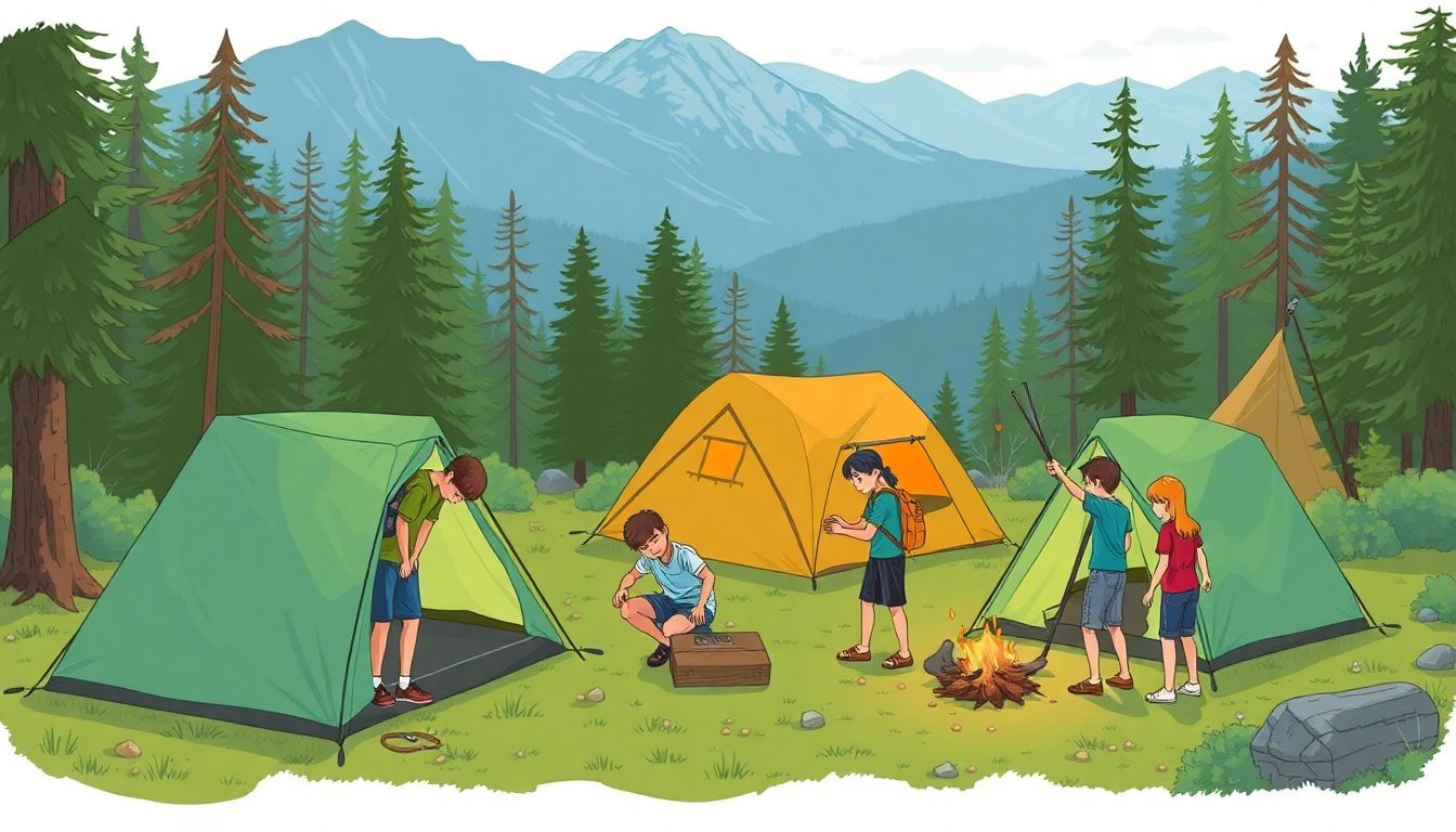 Illustrate a group of students setting up their tents in a scenic campsite, with some students helping each other and others exploring the nearby woods.