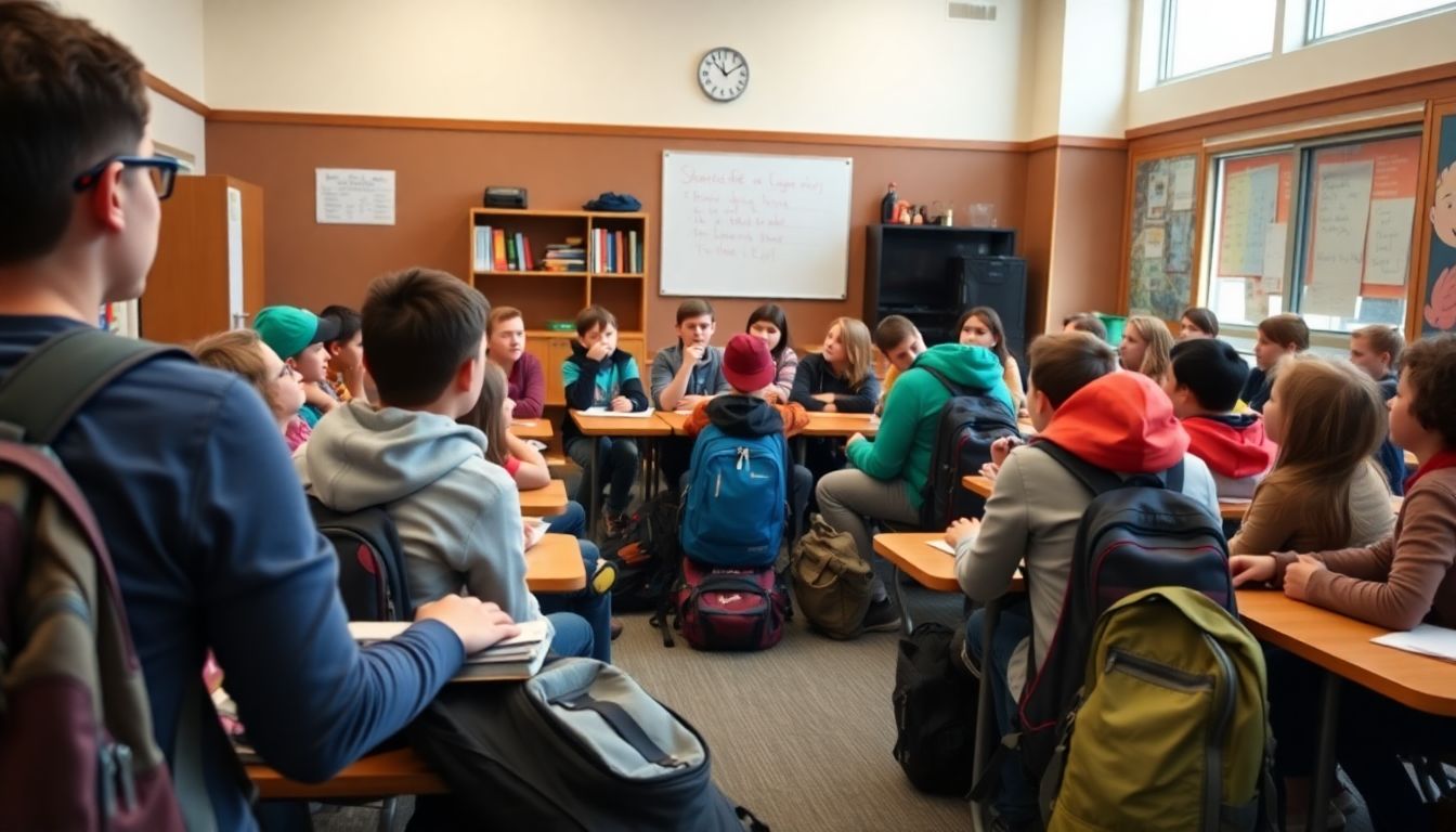 Create an image of a classroom filled with students eagerly listening to a teacher giving a safety briefing, with backpacks and camping gear scattered around the room.