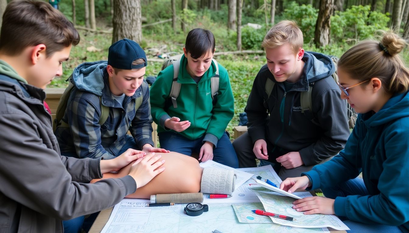 Depict students participating in a survival skills workshop, with some practicing first aid on each other and others studying a map and compass.