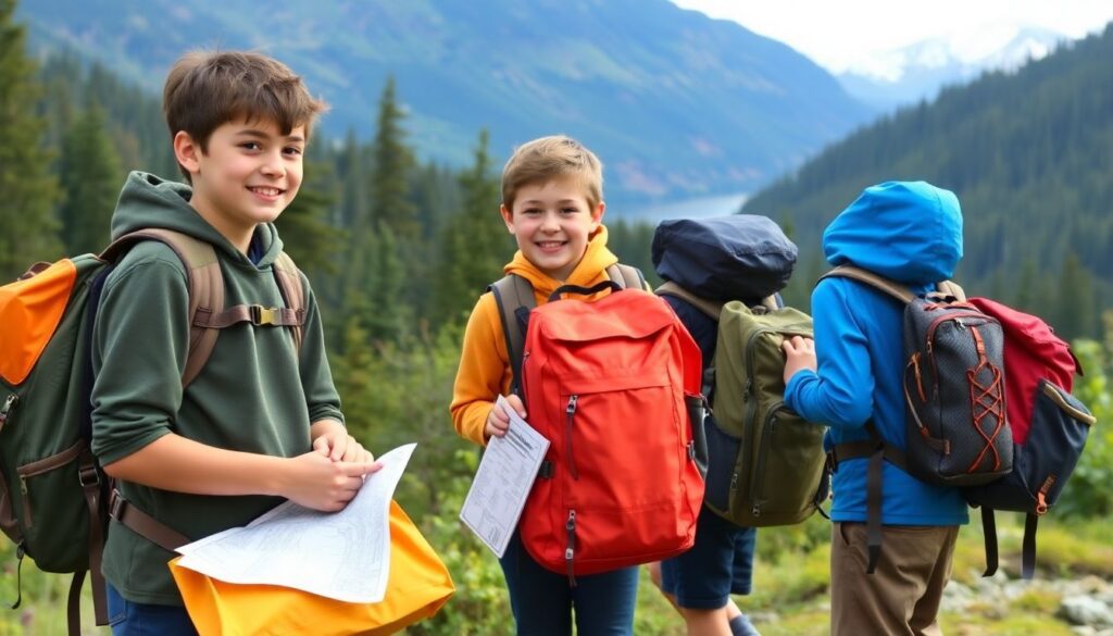 Generate an image of students from Schoenbar Middle School in Ketchikan, Alaska, preparing for their annual camping trip. They should be seen packing their backpacks with camping gear, maps, and survival kits, with a backdrop of the lush Alaskan wilderness.