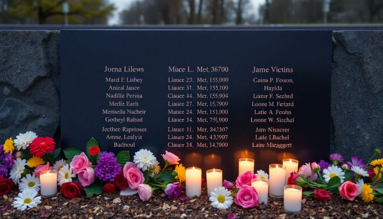 Create an image of a memorial site with names of victims engraved, surrounded by flowers and candles.