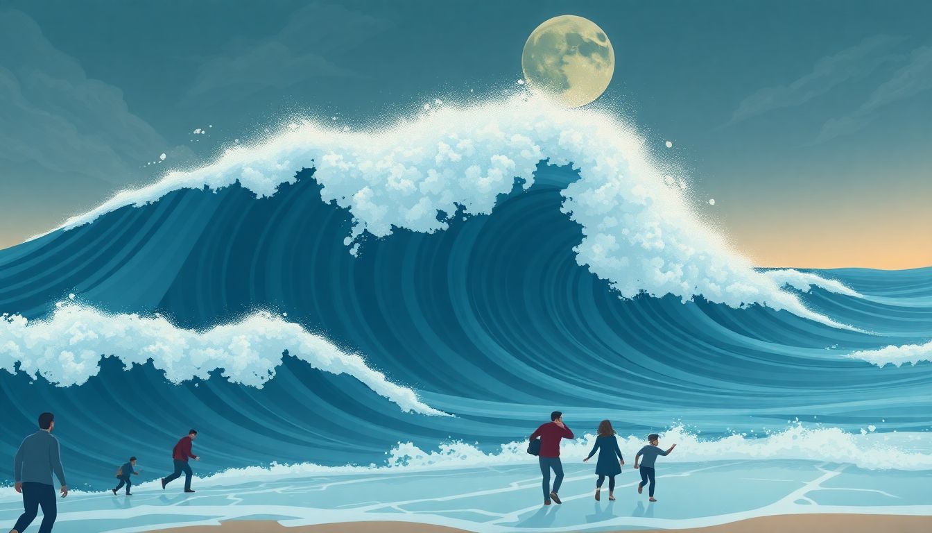 Create an illustration of the tsunami waves approaching the shore, with people fleeing in panic.