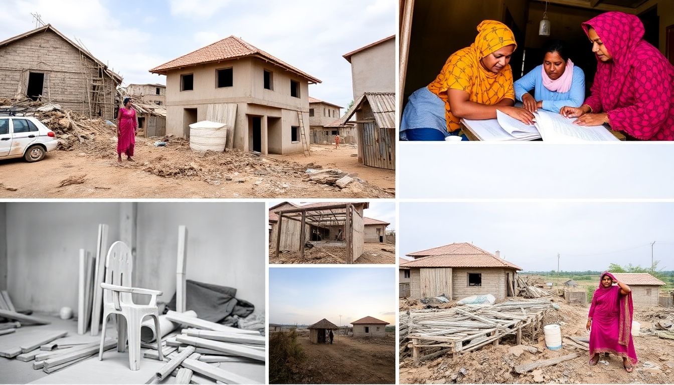 Show images of reconstruction efforts, with people working together to rebuild homes and infrastructure.