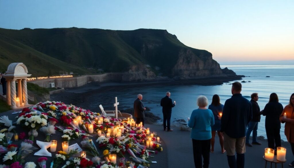 Generate an image of a serene coastal landscape with memorials and people gathered in solemn remembrance, holding candles and flowers.