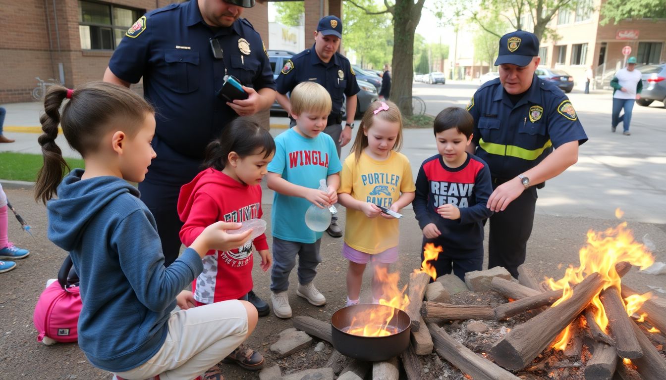 Show children learning to purify water, cook over a campfire, and interact with local fire and police departments in an urban setting.