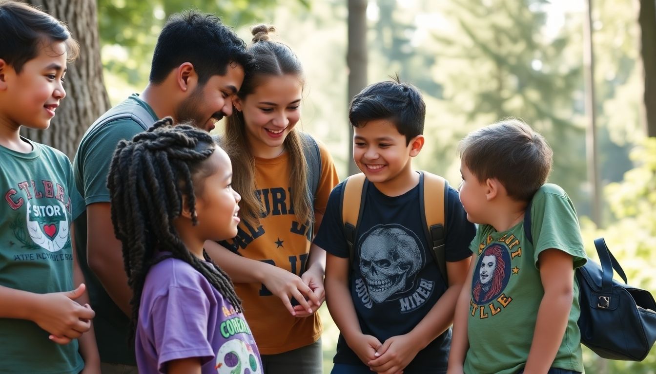 Depict a heartwarming scene of former campers, now grown up, volunteering and mentoring the next generation of Hood Camp participants.