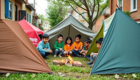 Create an engaging image of a diverse group of children setting up tents and learning survival skills in an urban neighborhood, with a vibrant and welcoming atmosphere.