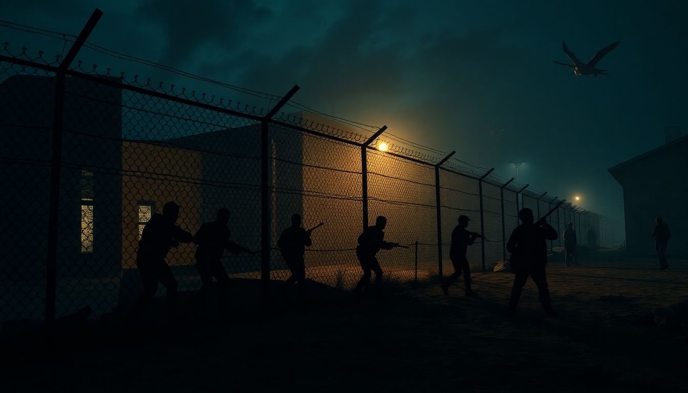 A dramatic nighttime scene of a prison with a broken fence, and shadows of figures escaping into the darkness, while nearby residents form patrols with makeshift weapons.