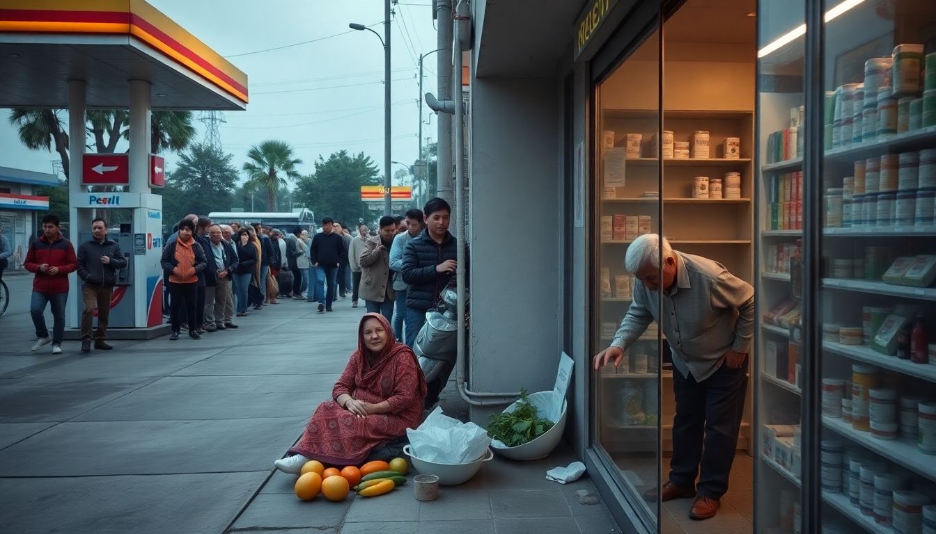 A poignant scene of a long queue outside a gas station, a woman sitting on the pavement with her produce, and an elderly man searching for medicine in a nearly empty pharmacy.