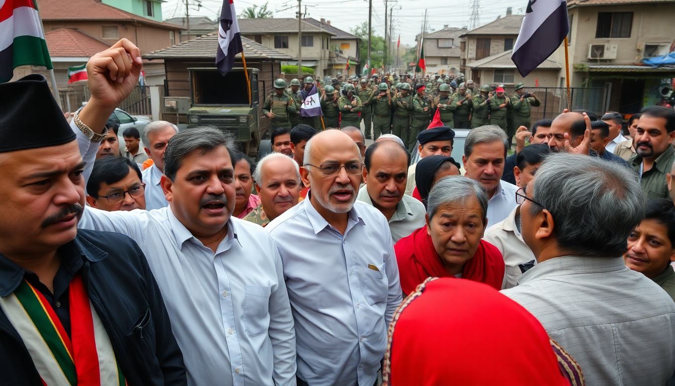 A tense scene of a political rally with opposition leaders speaking passionately, while in the background, the army clears barricades and residents cautiously emerge from their homes.