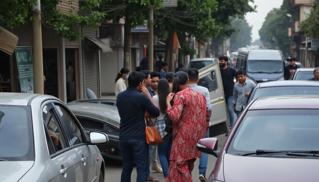 A chaotic street scene with broken windows, overturned cars, and anxious residents huddled together, whispering about the unrest.