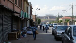 An image of Maputo's streets filled with makeshift barricades, closed shops, and cautious residents venturing out to search for basic necessities. In the background, a hint of the army clearing roads and the silhouette of the maximum-security prison from which over 1,000 inmates escaped.