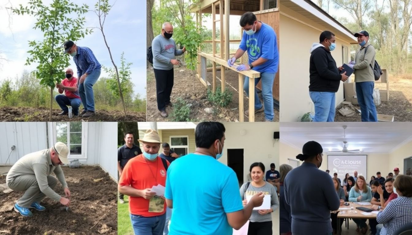 A collage of images showing community members participating in mitigation activities, such as planting trees, reinforcing structures, and attending emergency preparedness workshops.