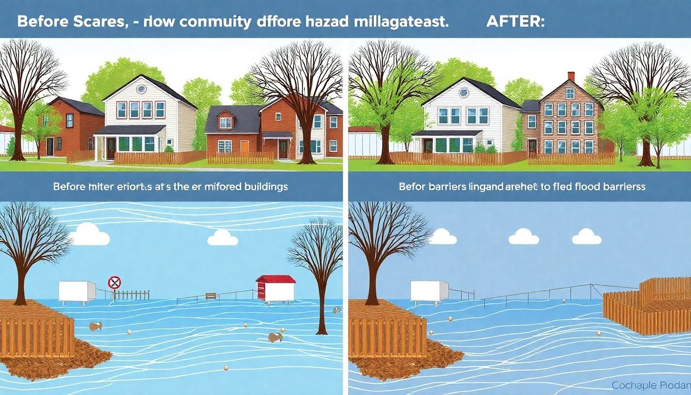 A graphic showing before-and-after scenarios of a community implementing hazard mitigation strategies, such as reinforced buildings and flood barriers.