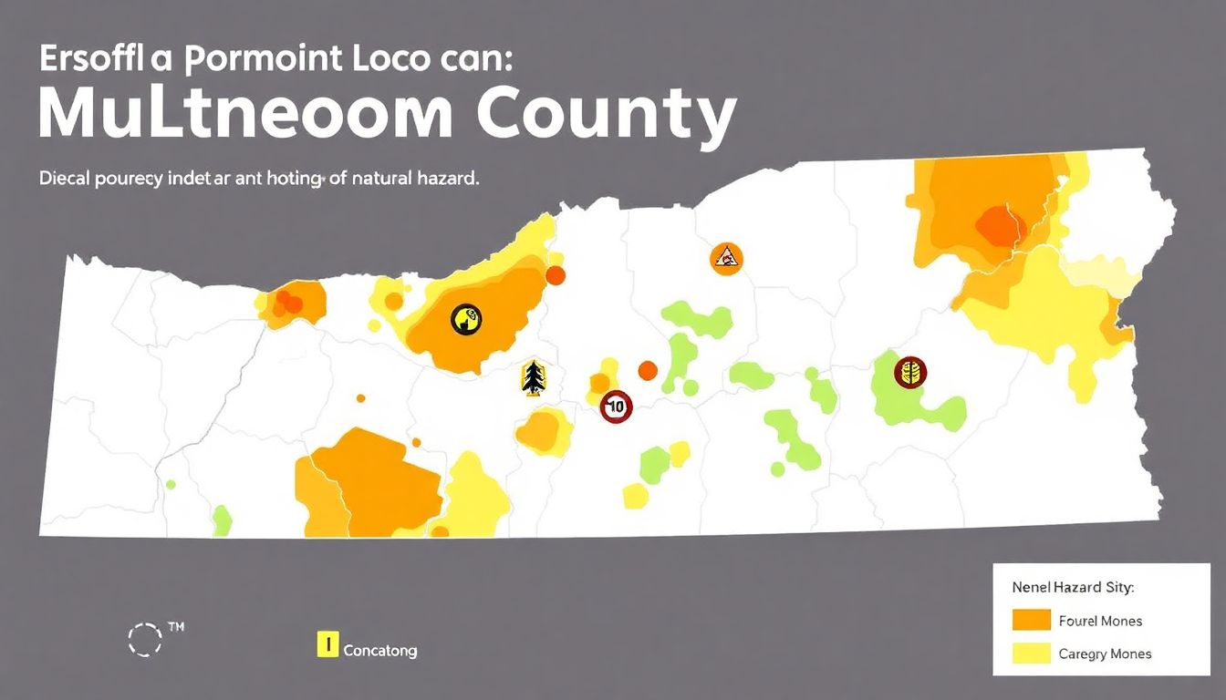 A map of Multnomah County highlighting areas prone to different natural hazards, with icons representing each type of hazard.