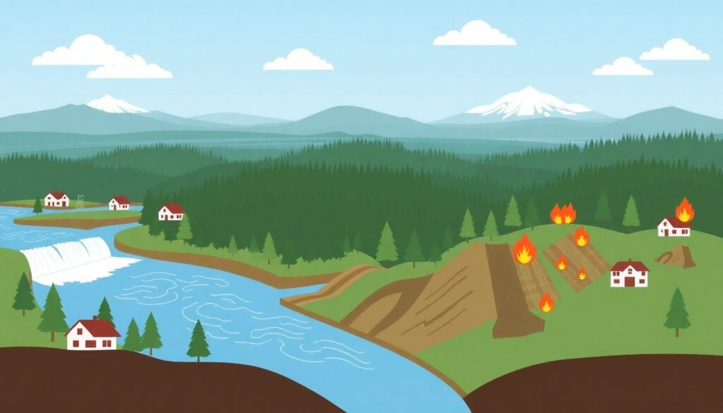 Create an image depicting a scenic view of Multnomah County with various natural hazards such as floods, landslides, and wildfires, alongside symbols of mitigation efforts like reinforced structures and emergency response teams.