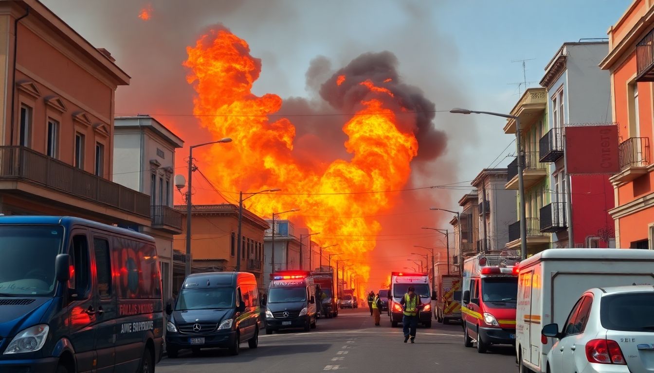 Generate an image of a wildfire raging through the colorful streets of Valparaiso, Chile, with firefighters and emergency services battling the blaze.